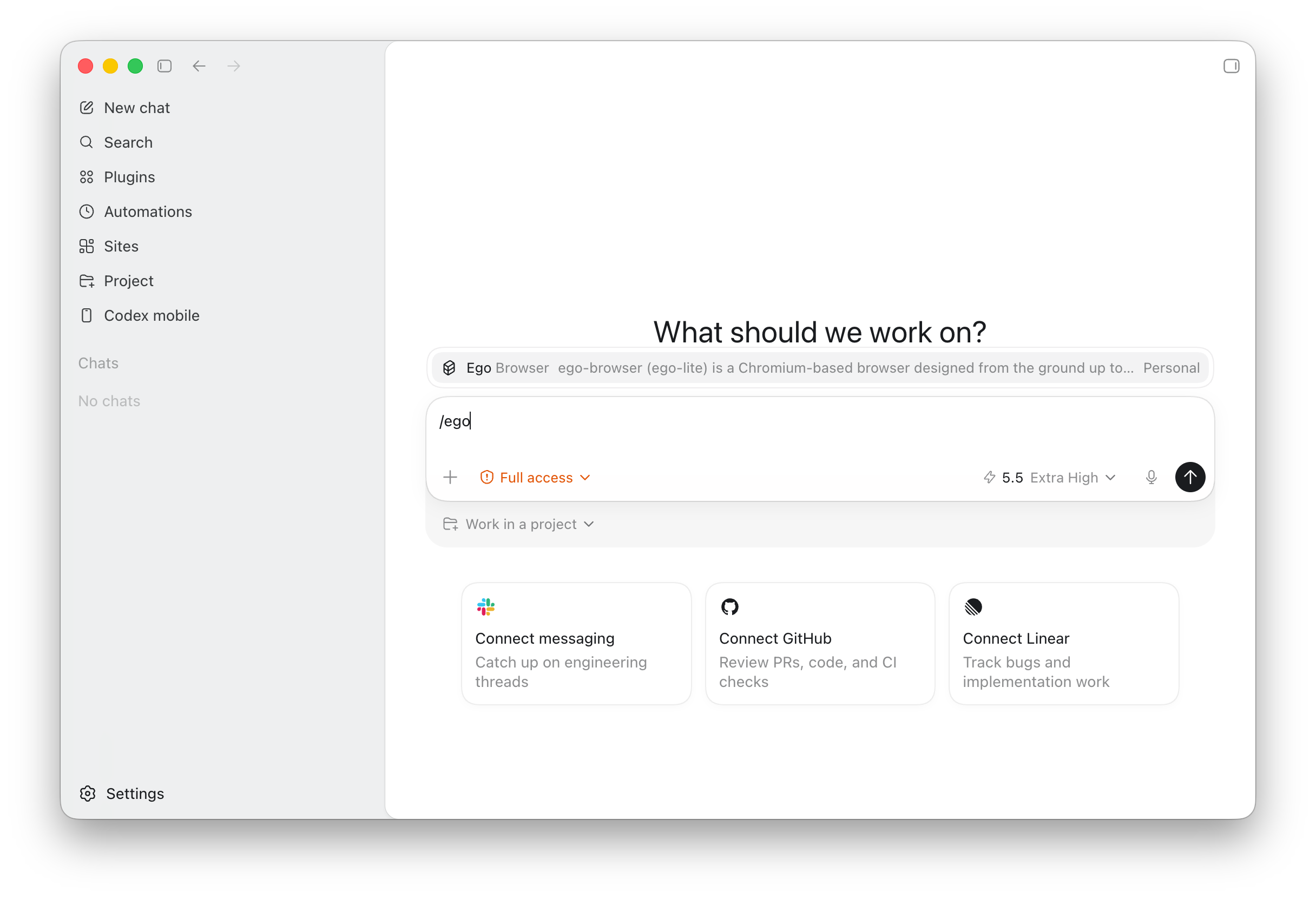 Typing /ego in Codex to bring up the ego-browser skill picker