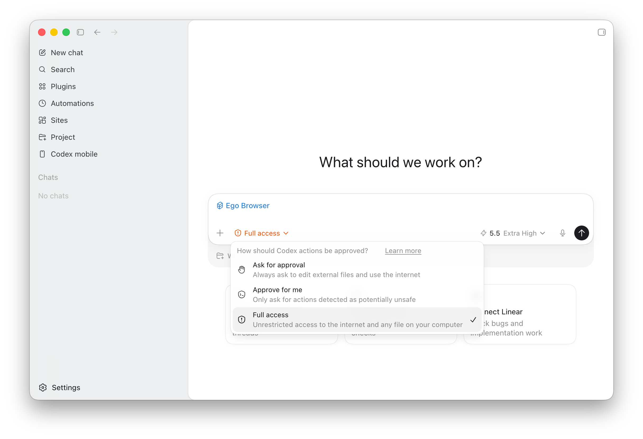 Setting permissions to Full access in Codex